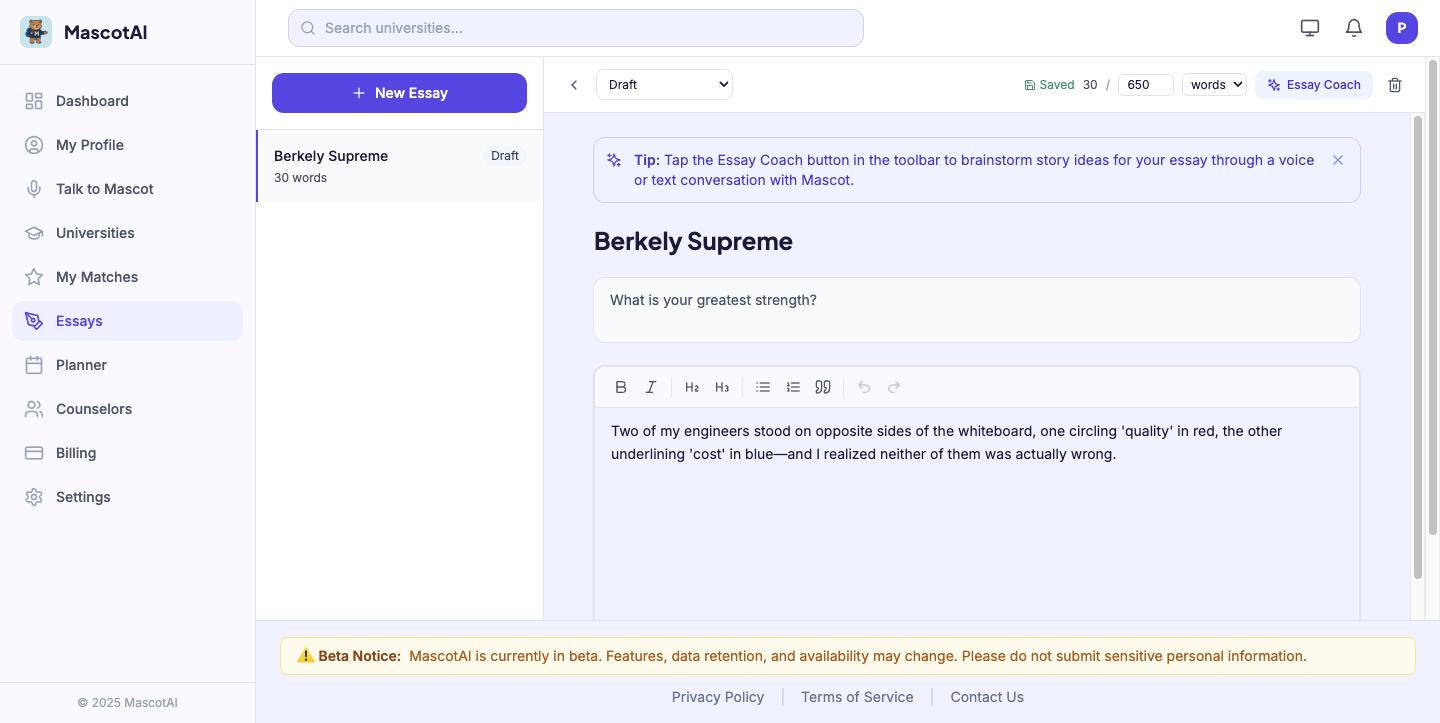 The Mascot AI essay workspace with a draft, prompt, and formatting toolbar