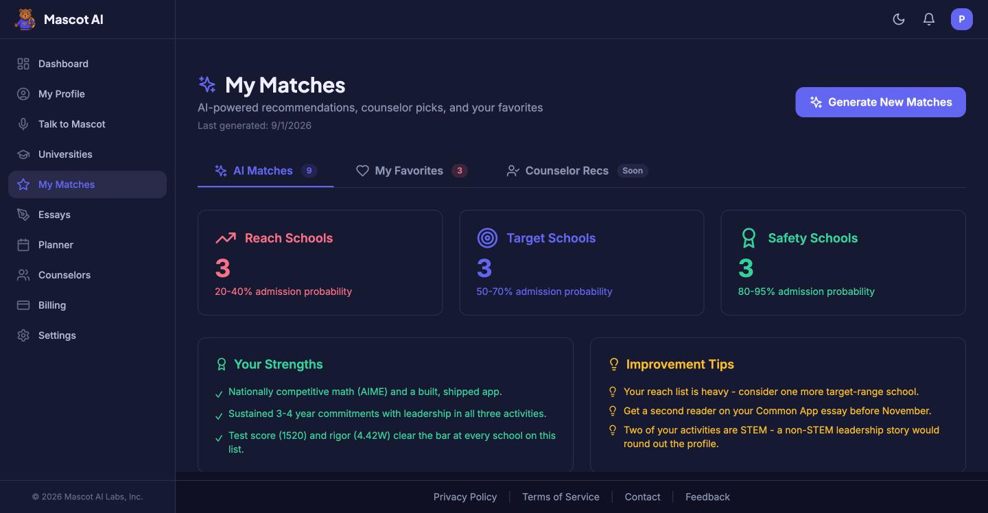 Mascot AI matches split into reach, target, and safety schools with strengths and tips