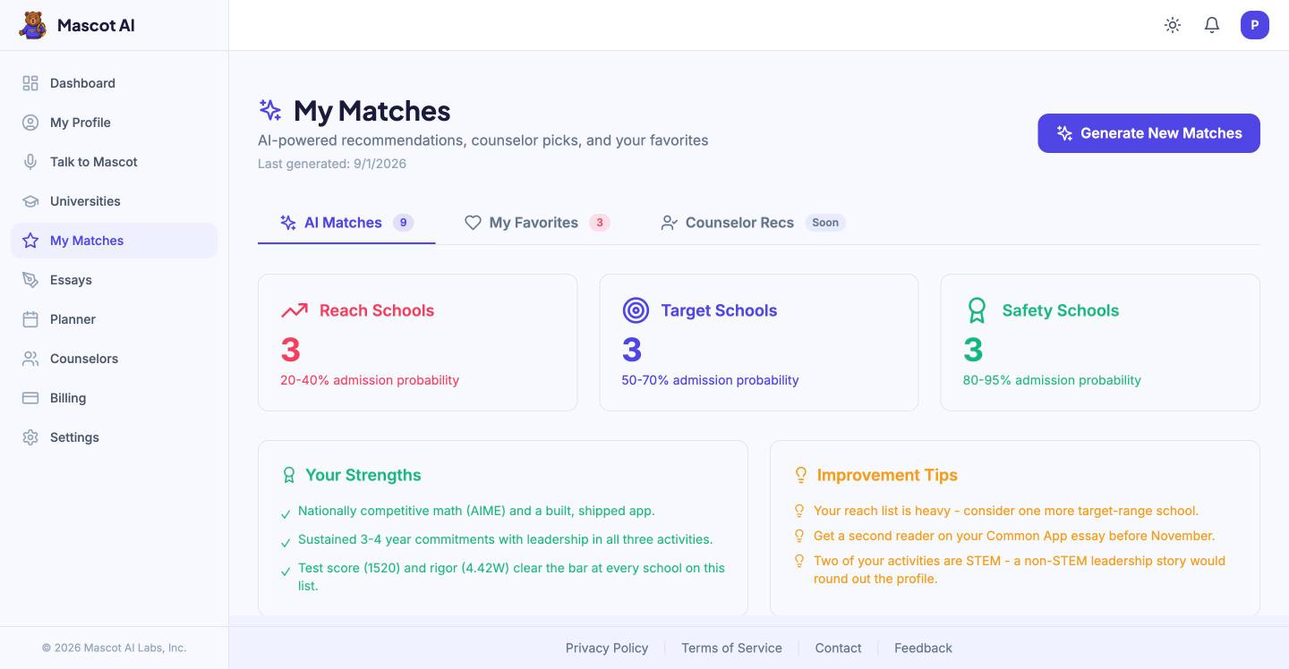Mascot AI matches split into reach, target, and safety schools with strengths and tips