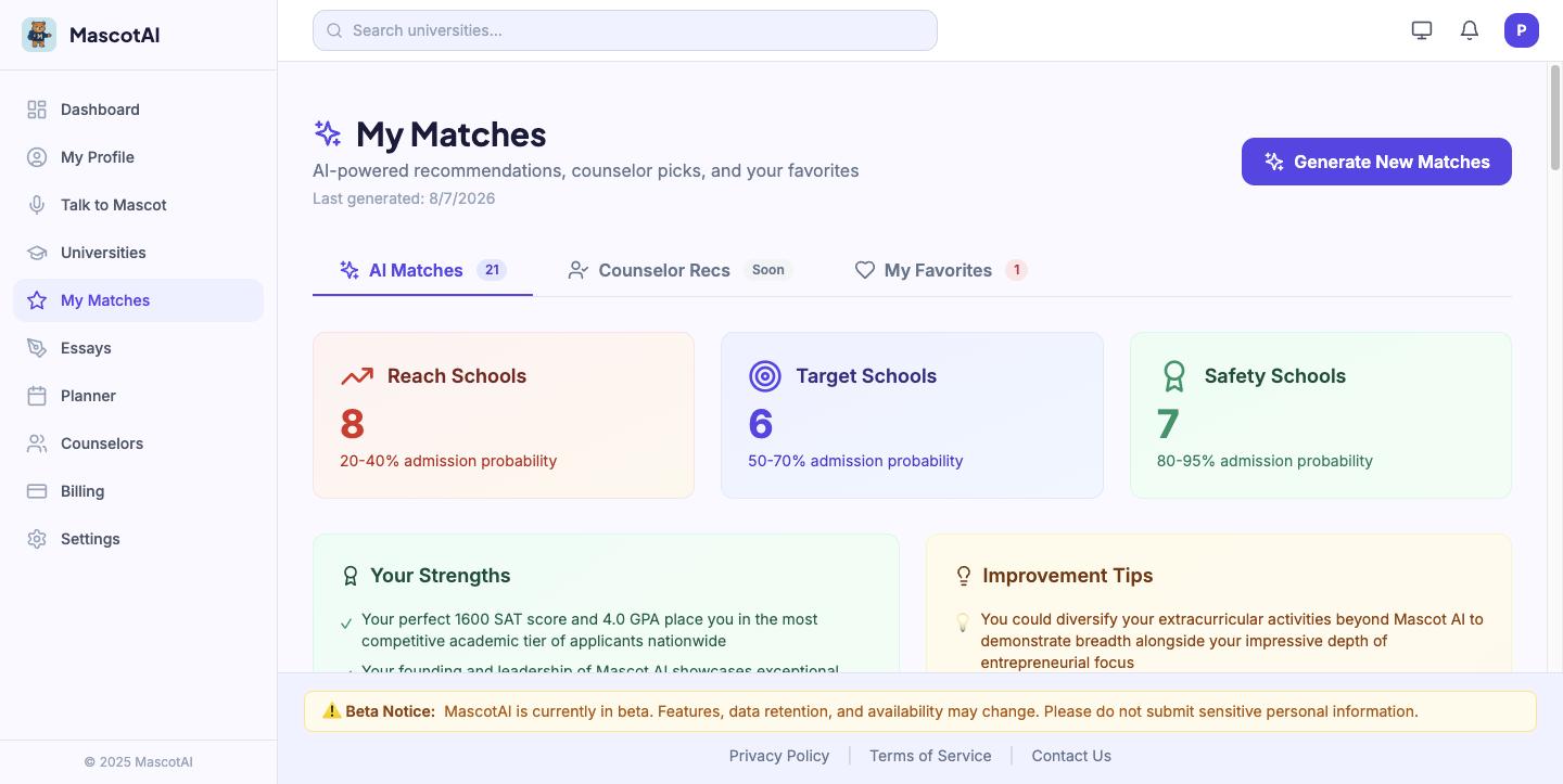 Mascot AI matches split into reach, target, and safety schools