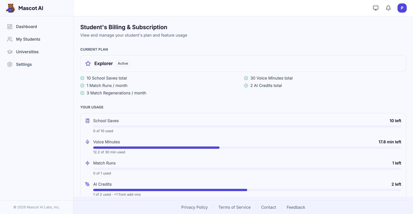 The Mascot AI billing view for a parent showing the student's current plan and usage bars