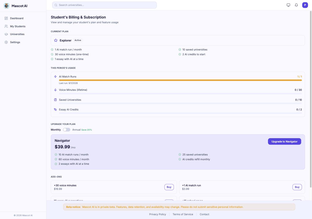 The Mascot AI billing view for a parent showing the student's current plan, usage bars, and upgrade options