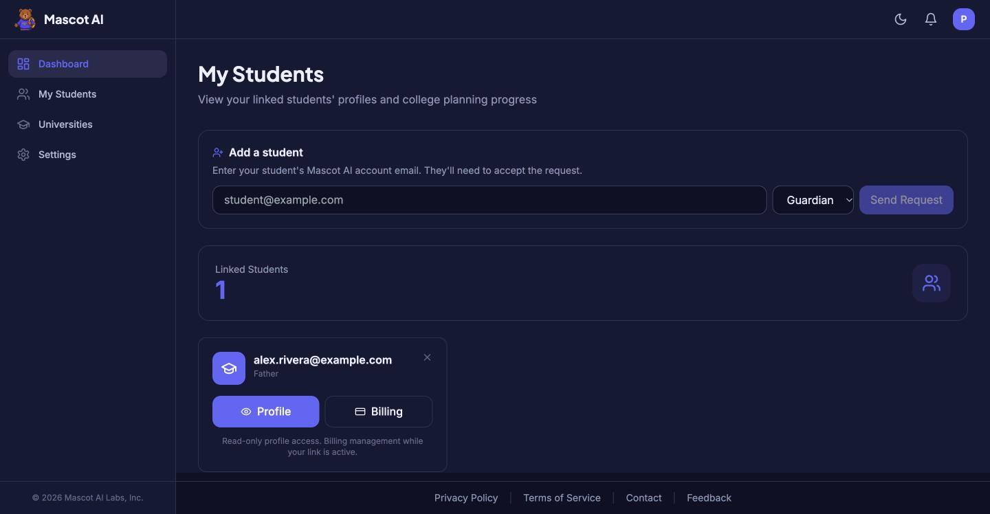 The Mascot AI parent dashboard listing a linked student with buttons for profile and billing