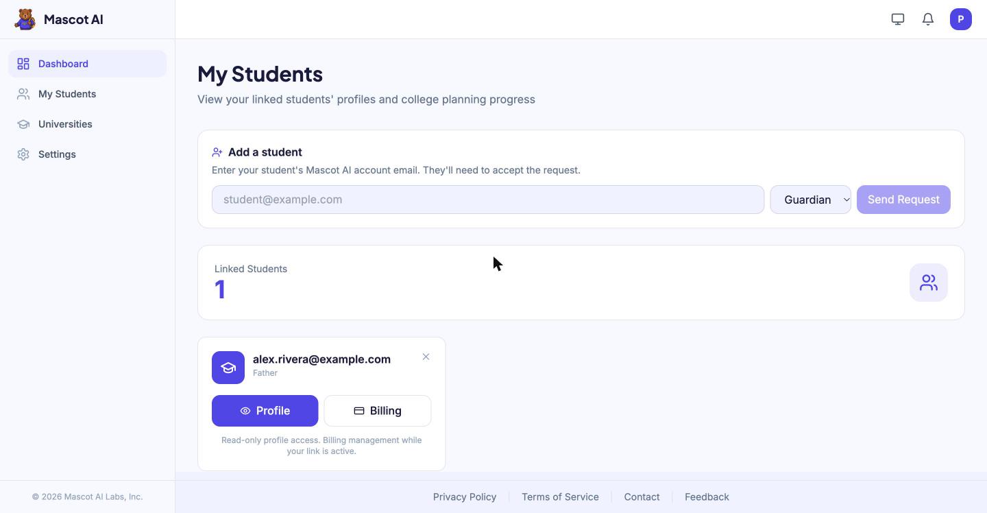 The Mascot AI parent dashboard listing a linked student with buttons for profile and billing
