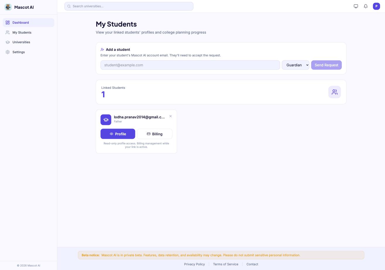 The Mascot AI parent dashboard listing a linked student with buttons for profile and billing