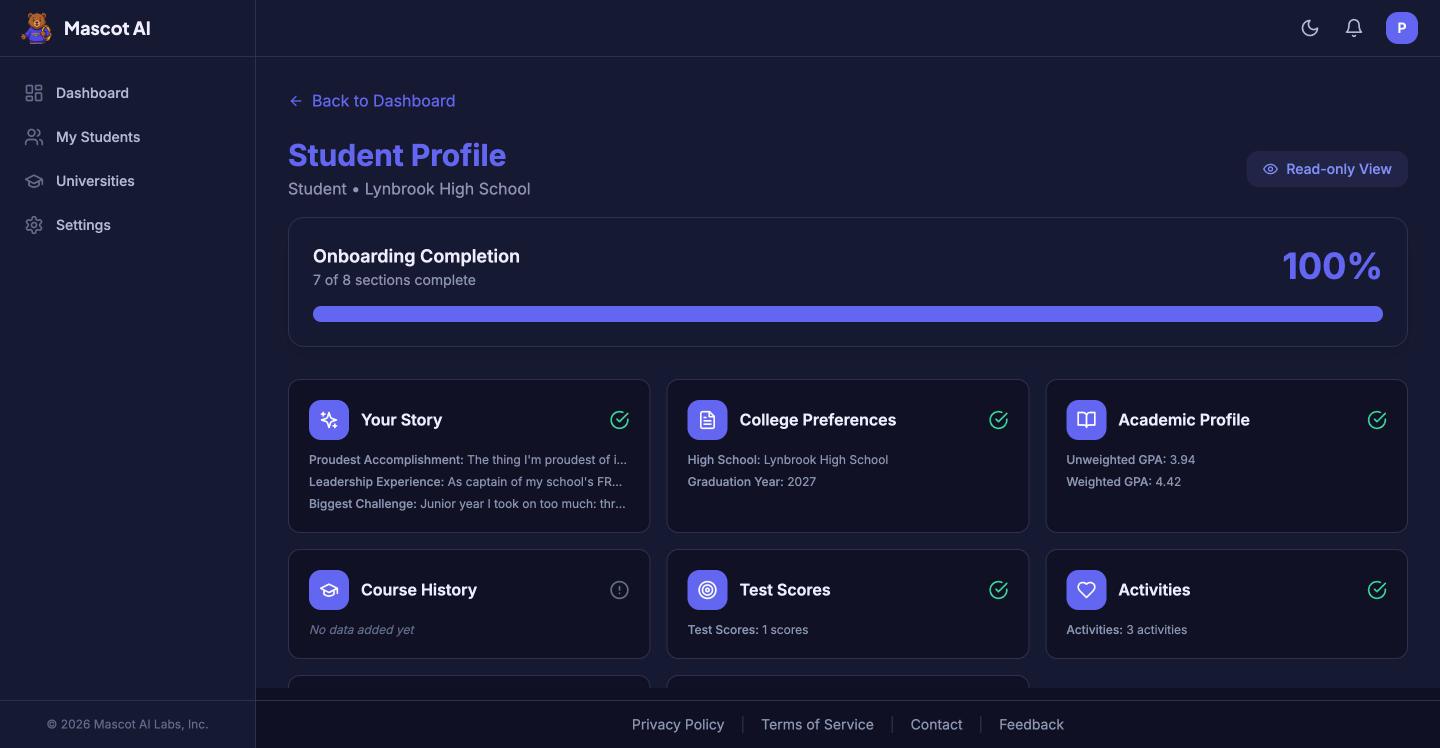 A read-only student profile in Mascot AI showing 100 percent onboarding completion and section cards for academics, test scores, activities, and honors