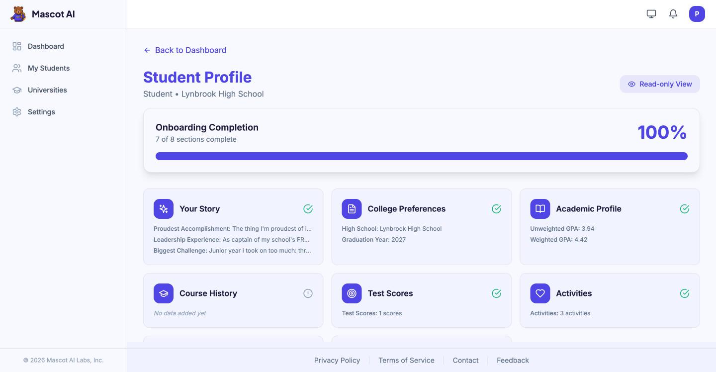 A read-only student profile in Mascot AI showing 100 percent onboarding completion and section cards for academics, test scores, activities, and honors