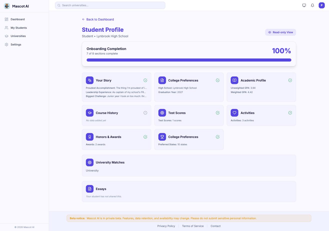 A read-only student profile in Mascot AI showing 100 percent onboarding completion and section cards for academics, test scores, activities, and honors