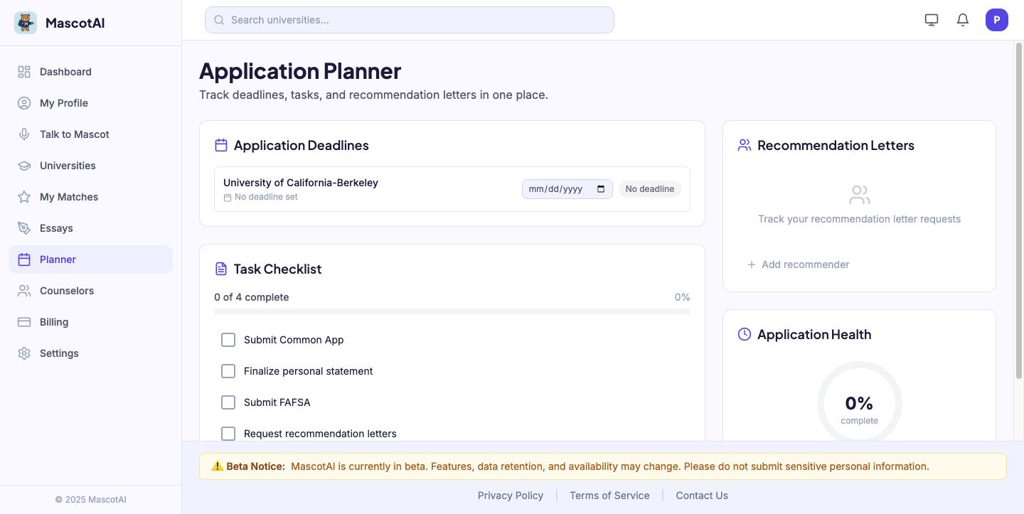 The Mascot AI application planner with deadlines, a task checklist, and recommendation letters