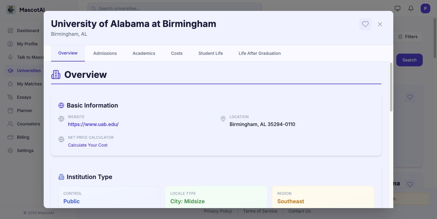 A university detail view in Mascot AI with tabbed sections
